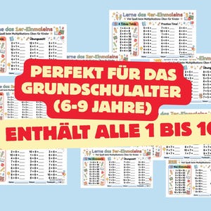 Könnte beinhalten: Eine Sammlung von pädagogischen Einmaleins-Arbeitsblättern für Kinder, die Tabellen von 1 bis 10 mit Übungsaufgaben enthalten. Die Blätter zeigen bunte Illustrationen von Schulsachen und Luftballons sowie Text zum Alter und Inhalt.