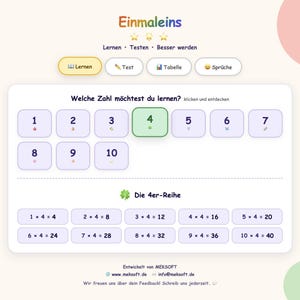 May include: A digital educational interface titled Einmaleins featuring a selection of numbers from 1 to 10, with the number 4 highlighted. Below, a multiplication table for the 4-series displays equations from 1x4=4 to 10x4=40, with navigation buttons for learning, testing, and tables.