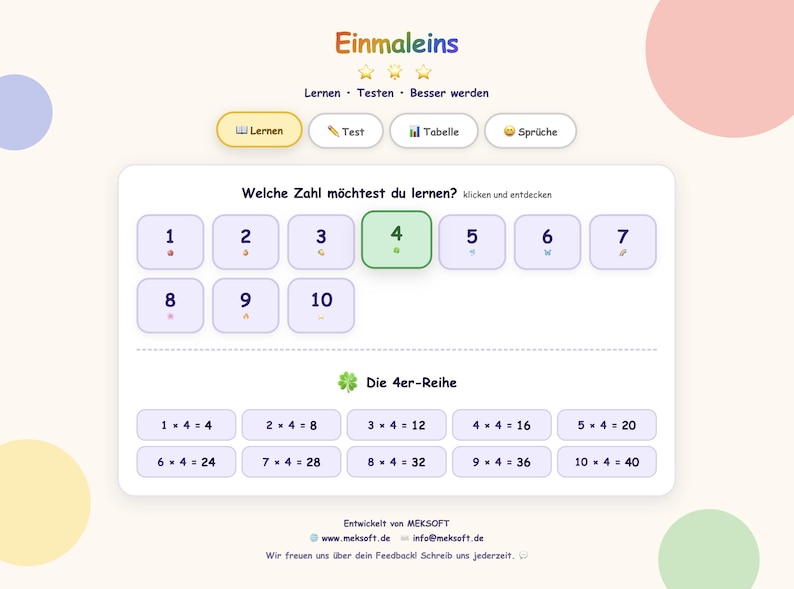 May include: A digital educational interface titled Einmaleins featuring a selection of numbers from 1 to 10, with the number 4 highlighted. Below, a multiplication table for the 4-series displays equations from 1x4=4 to 10x4=40, with navigation buttons for learning, testing, and tables.