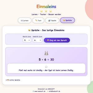 May include: A digital interface for an educational multiplication app titled Einmaleins. The screen displays a math problem 5 x 6 = 30 with a rabbit icon and the German text F&uuml;nf mal sechs ist drei&szlig;ig - der Igel ist beim Lernen flei&szlig;ig. Navigation buttons include Lernen, Test, Tabelle, and Spr&uuml;che.