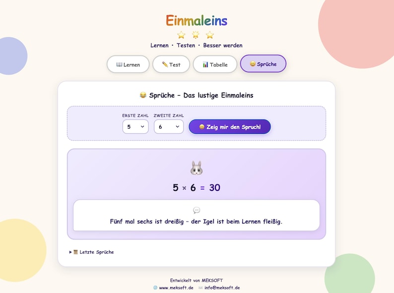 May include: A digital interface for an educational multiplication app titled Einmaleins. The screen displays a math problem 5 x 6 = 30 with a rabbit icon and the German text F&uuml;nf mal sechs ist drei&szlig;ig - der Igel ist beim Lernen flei&szlig;ig. Navigation buttons include Lernen, Test, Tabelle, and Spr&uuml;che.