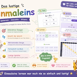 May include: A digital educational poster titled Das lustige Einmaleins featuring a cartoon rabbit and hedgehog. It displays maths learning modules, including multiplication tables, interactive tests, and progress tracking charts with colourful icons and German text.