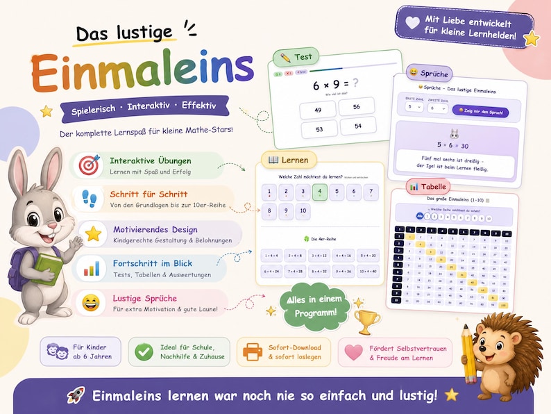 May include: A digital educational poster titled Das lustige Einmaleins featuring a cartoon rabbit and hedgehog. It displays math learning modules, including multiplication tables, interactive tests, and progress tracking charts with colorful icons and German text.