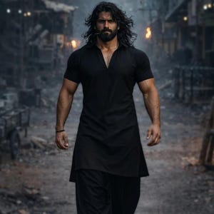 May include: A person wearing a black kurta and matching salwar pants, walking towards the viewer. The outfit has a short-sleeved top with a V-neck and loose-fitting pants. The person has long, dark hair and a beard.