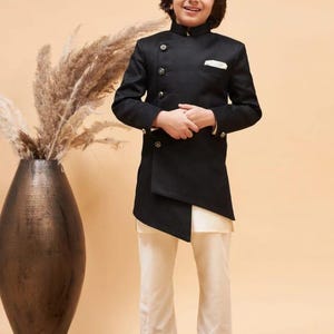 Kids' Handmade Kurta Pajama Jeket Set: Black Colors Indian Wedding Outfit