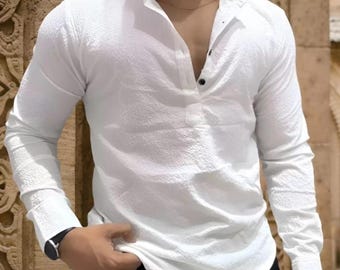 White Handloom Cotton white kurta,Mens Boho Ethnic Shirt, Indian Festival Where