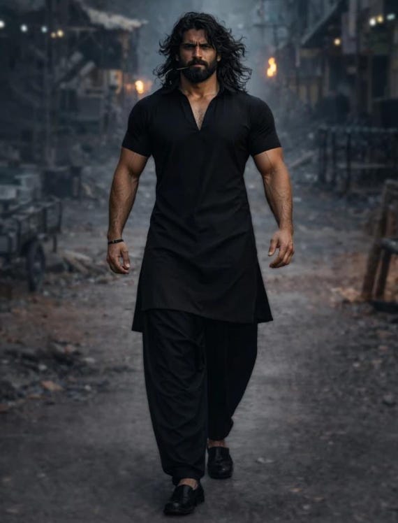 Men's Black Cotton Pathani Suit, Traditional Kurta Pajama Set