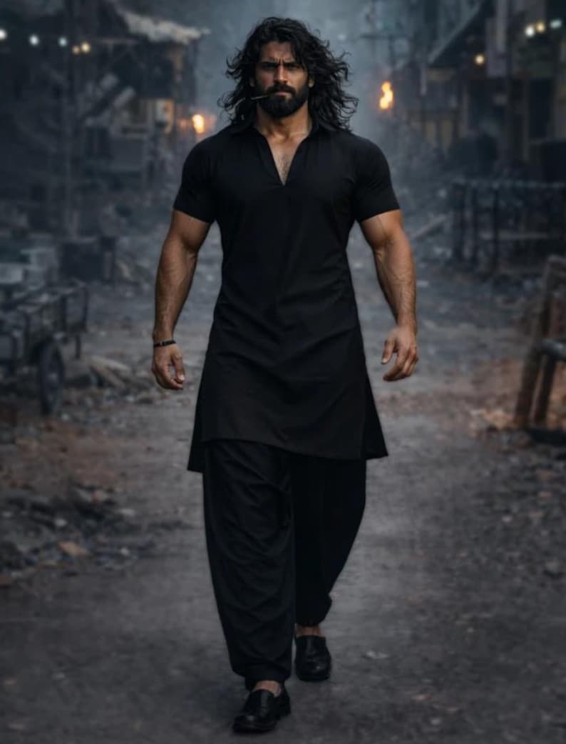 May include: A person in a black kurta and salwar trousers, walking on a cobbled path. The outfit includes a short-sleeved top with a V-neck and loose-fitting trousers. The person has long, dark hair and a beard.