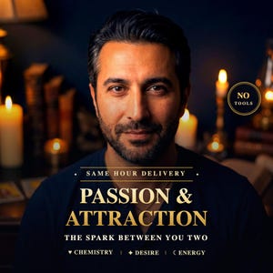 Può includere: Un uomo con capelli scuri e barba indossa una camicia scura. Il testo sovrapposto recita: SAME HOUR DELIVERY, PASSION & ATTRACTION, THE SPARK BETWEEN YOU TWO, CHEMISTRY, DESIRE, ENERGY e NO TOOLS. Lo sfondo presenta una calda luce di candela.