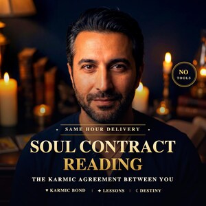 Può includere: Un grafico digitale che mostra una persona con capelli scuri e barba, con il testo: NO TOOLS, SAME HOUR DELIVERY, SOUL CONTRACT READING, THE KARMIC AGREEMENT BETWEEN YOU, KARMIC BOND, LESSONS e DESTINY, su uno sfondo scuro illuminato da candele.