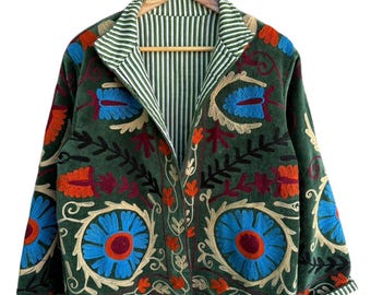 Suzani Handmade Valvet Jacket Embroidery Boho Kimono Style Coat