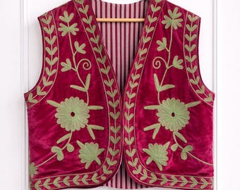 Boho Suzani Embroidered Velvet Vest: Multicolor Floral Jacket