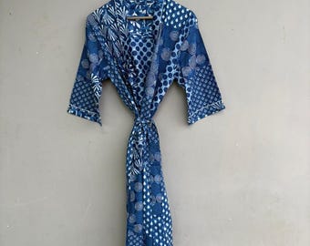 Cotton Kimono Robe Dressing Gown, Block Print Bridesmaid Robe, Summer Nightwear, One Size