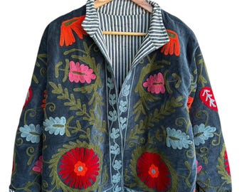 Handmade Suzani Velvet Jacket: Embroidered Floral Cotton Coat