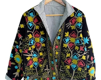 Handmade Suzani Kantha Boho Embroidered Velvet Jacket | Handmade Floral Coat