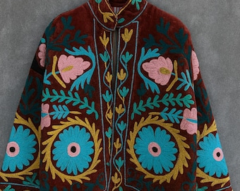 Boho Velvet Suzani Embroidered Jacket: Handmade Indian Coat
