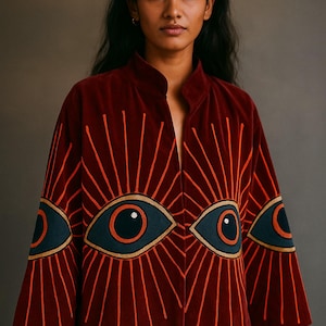May include: A burgundy velvet jacket with a mandarin collar and wide sleeves. The jacket features embroidered eye designs in navy blue, gold, and orange. Orange lines radiate from the eyes, creating a striking visual pattern.