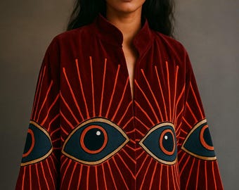 May include: Burgundy velvet jacket with a mandarin collar and wide sleeves. The jacket features embroidered eye designs in navy blue, gold, and orange. Orange lines radiate from the eyes, creating a striking visual pattern.