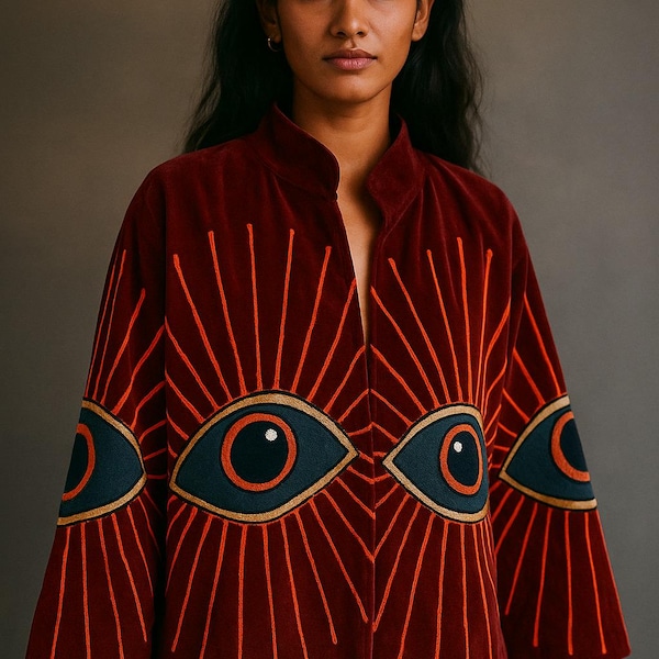Eye Embroidery Velvet Jacket, Handmade Boho Festival Coat, Artistic Suzani Outerwear, Short Suzani Blazer, Embroidered Jacket for Women