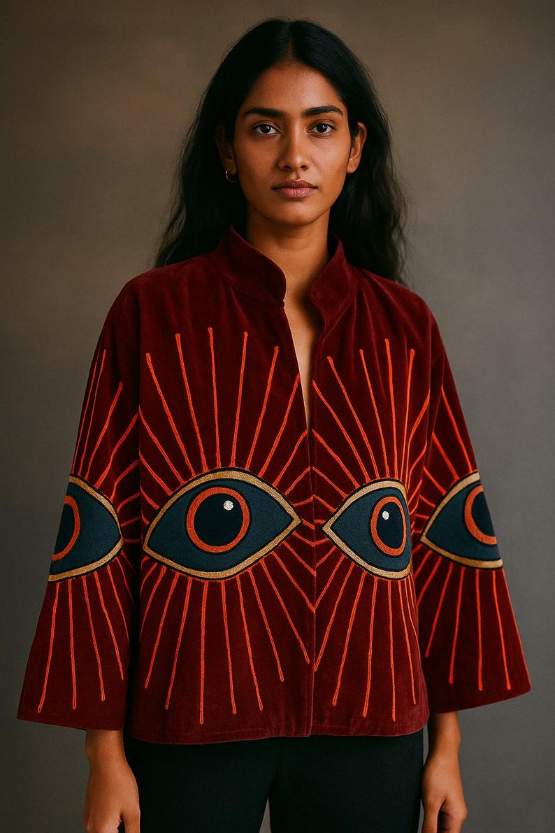 May include: A burgundy velvet jacket with a mandarin collar and wide sleeves. The jacket features embroidered eye designs in navy blue, gold, and orange. Orange lines radiate from the eyes, creating a striking visual pattern.