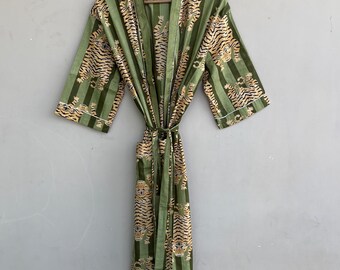 Green Tiger Print Cotton Kimono Robe: Jaipuri Style Beach Cover-Up Gift For Her
