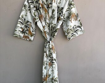 Jungle Print Kimono Robe, Leopard and Palm Tree Kimono, Safari Print Cotton Kaftan, Tropical Animal Print Kimono Duster, Gift For Her
