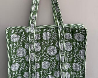 Handmade Quilted Cotton Tote Bag: Floral Print Ethnic Jhola Bag Gift For Her