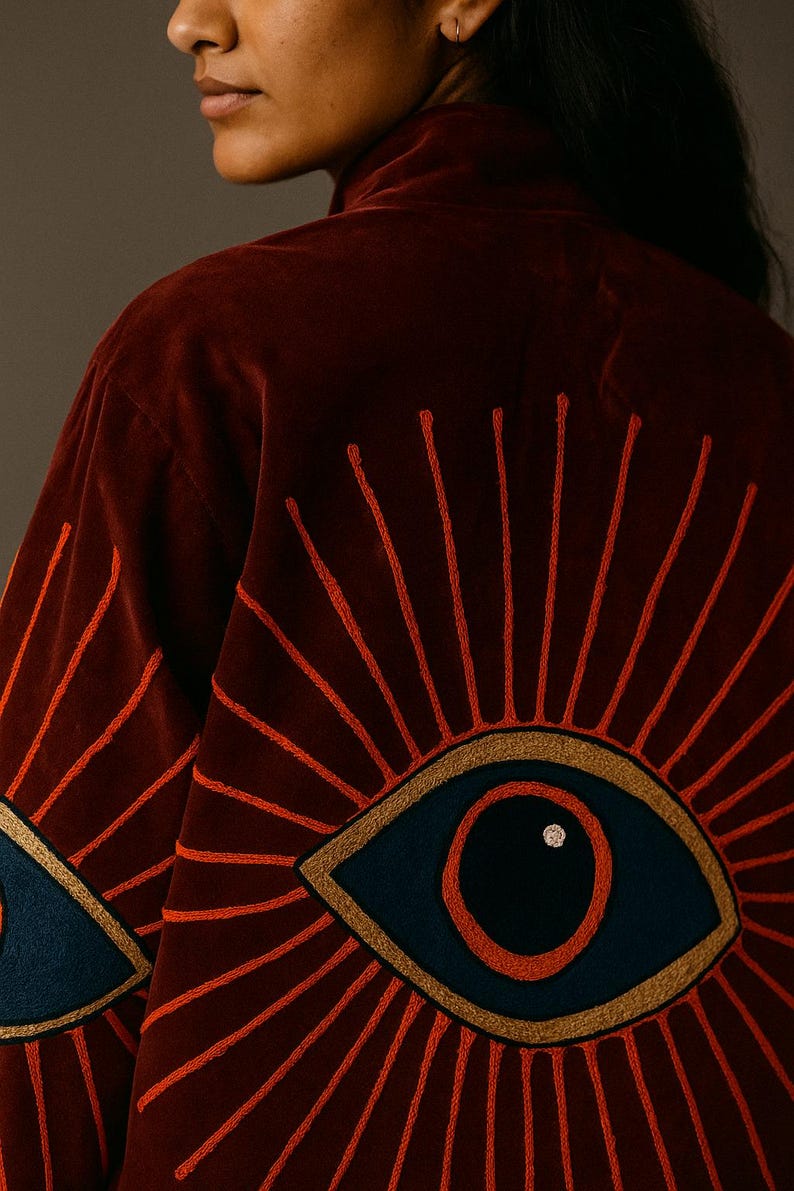 May include: A burgundy velvet jacket with embroidered eye designs. The eyes are navy blue with gold trim and a red iris, surrounded by radiating orange lines. The jacket is a rich, dark color.
