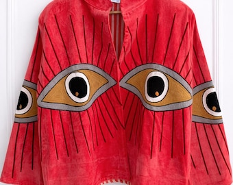 Evil Eye Velvet Embroidered Jacket: Boho Hippie Winter Coat