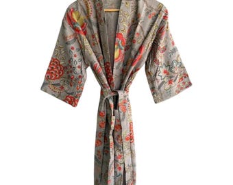 Bata de baño de algodón puro tipo gofre con estampado a mano, estilo kimono de verano o para spa o playa, con estampado floral