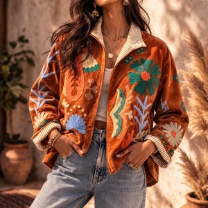 Puede incluir: Una chaqueta de terciopelo color óxido con bordados florales y abstractos multicolores. La chaqueta tiene un cuello vuelto con forro a rayas color crema y tostado, mangas largas con puños a rayas a juego y un cierre de cremallera frontal.