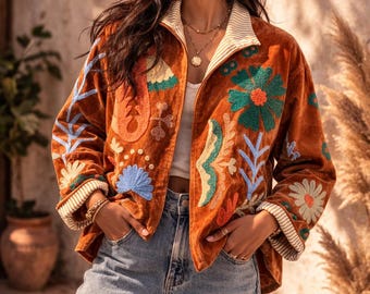 Handmade Love Embroidered Velvet Jacket | Boho Floral Suzani Coat