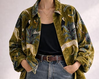 Green jungle safari Women Velvet Jacket, Tiger Printed Velvet Jacket, Cotton Velvet Coat, Winter Wear Jacket Coat