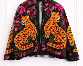 Handmade Velvet Suzani Jacket, Tiger Floral Embroidery, Boho Coat