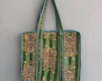 Handmade Quilted Cotton Tote Bag: Indian Tiger Print Bag, Shoulder Bag, Gift For Her