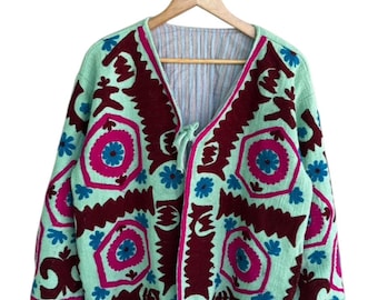 Suzani Embroidered Colourful Short Jacket: Hand-Stitched Kantha Quilt, Boho hippie
