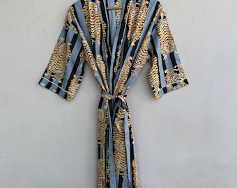 Handmade Cotton Kimono Robe: Tiger Print Boho Loungewear, Animal Print Kimono, Gift For Her
