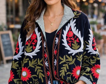 Vintage Velvet Suzani Winter Short Jacket |Boho Floral Jacket | Bomber Suzani Jacket | Winter Warmed Coat | Gift For Her | Duster Boho Coat