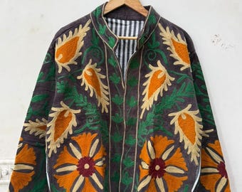 Hand-Embroidered Velvet Jacket | Floral Boho Art, Suzani Style