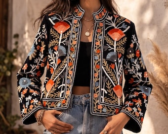 Floral Embroidered Velvet Suzani Jacket: Boho Short Coat