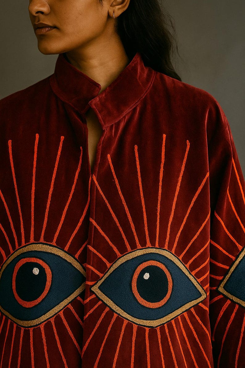 May include: A burgundy velvet jacket with orange embroidered sunburst designs radiating from large, embroidered blue and gold eye motifs. The jacket has a high collar and a relaxed fit, suitable for layering.