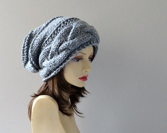 Hand Knit Hat ,  Chunky Grey Slouchy Beanie Cabled Braided Women