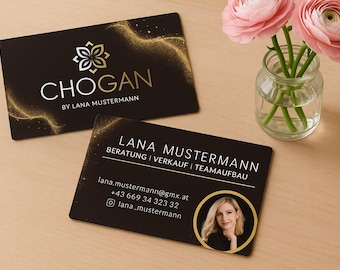 Tarjeta de presentación personalizada de Chogan | Diseño digital | Moderna y minimalista | Personalizable | Impresión instantánea | Negro y dorado
