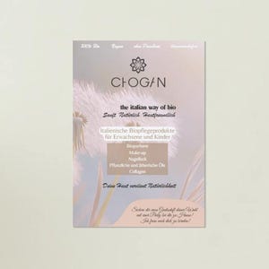 May include: An advertisement with a soft, pastel background. The central focus is a rectangular card featuring the brand name "CHOGAN" and the tagline "the italian way of bio." Text lists product categories like makeup and skincare.