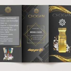 Op de afbeelding: Zwart en goudkleurige drievoudige brochure met de merknaam "CHOGAN". De brochure toont productcategorieën zoals make-up en babyverzorging. Een gouden fles "elluzeta" wordt getoond, omringd door witte bloemen.