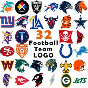 Puede incluir: Una colección de 32 logotipos de equipos de fútbol americano dispuestos en una cuadrícula, con varios iconos de animales, humanos y símbolos en diversos colores, con el texto 32 Football Team LOGO centrado en la imagen.