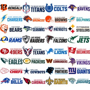 May include: A collection of thirty-two National Football League team logos arranged in a grid. Each entry features a unique graphic emblem alongside the corresponding team name in bold, capitalized text, representing all professional football franchises.