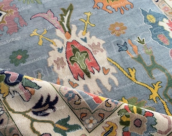 Hand-Knotted Oushak Wool Rug: Sky Blue Floral Oriental Carpet