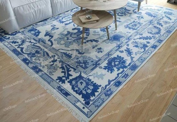 Hand knotted Oushak Rug 8x10,9x12 Cream & Blue Retro Rug Floral Rug Mid Century Rug, 70s Rug Scandinavian Rug, Unique Vintage Rug 6x9,10x14