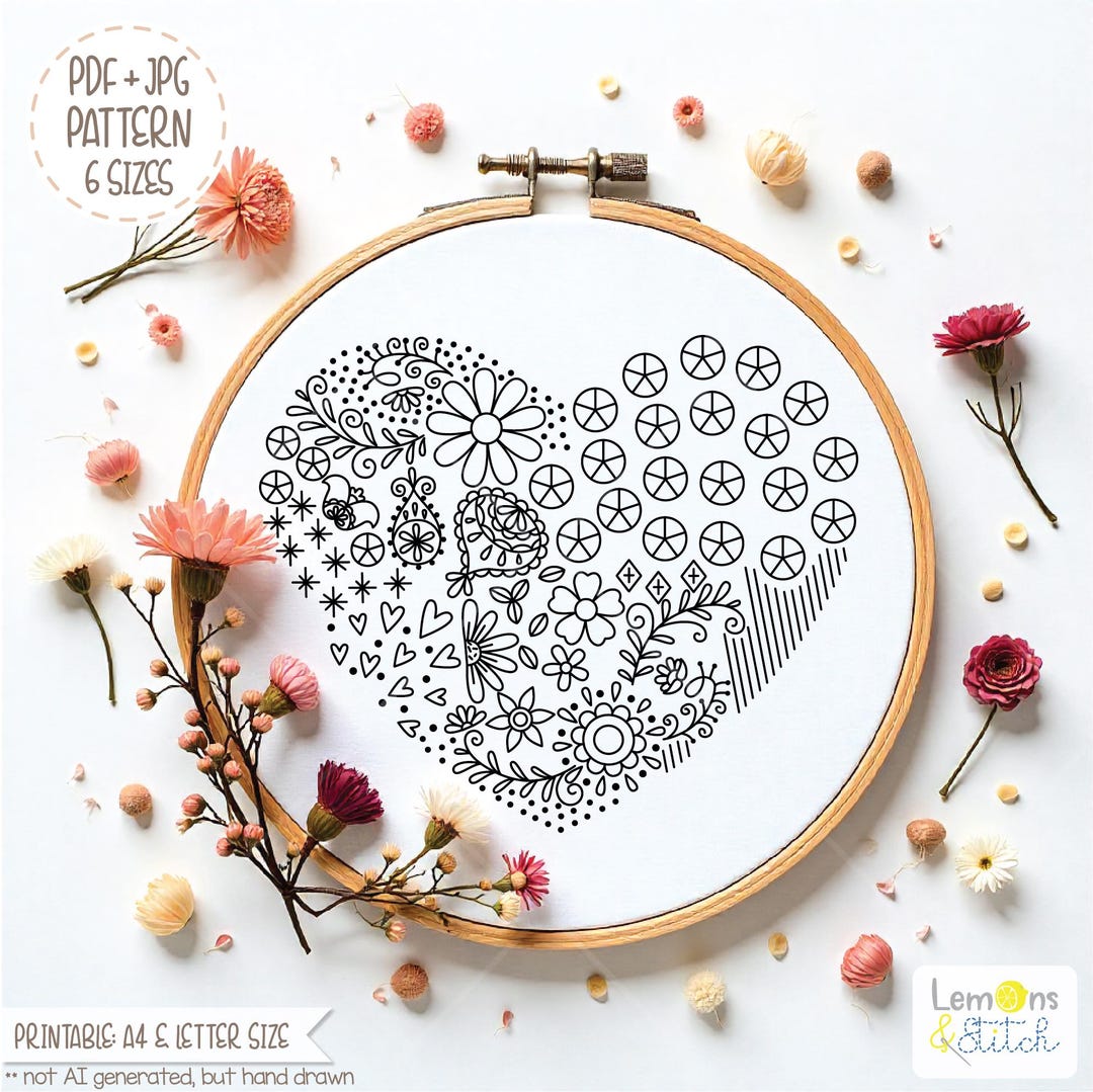 Floral Heart Embroidery Pattern: Flowers, Stars. Hand Stitch PDF ...